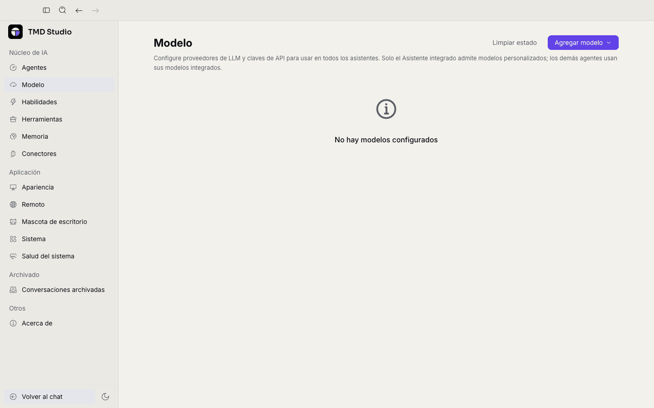 Pantalla de Modelo, vacía, antes de agregar ningún proveedor