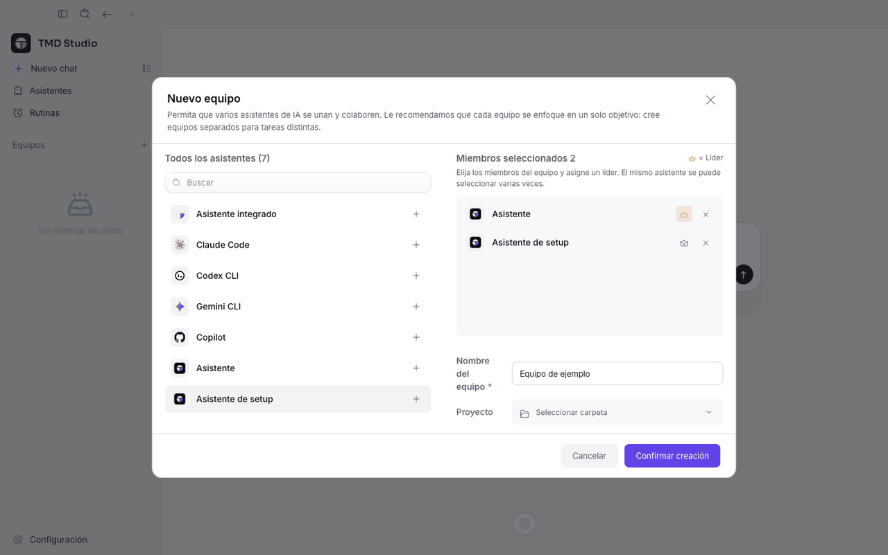 Formulario «Nuevo equipo» con «Asistente» como líder y «Asistente de setup» como miembro