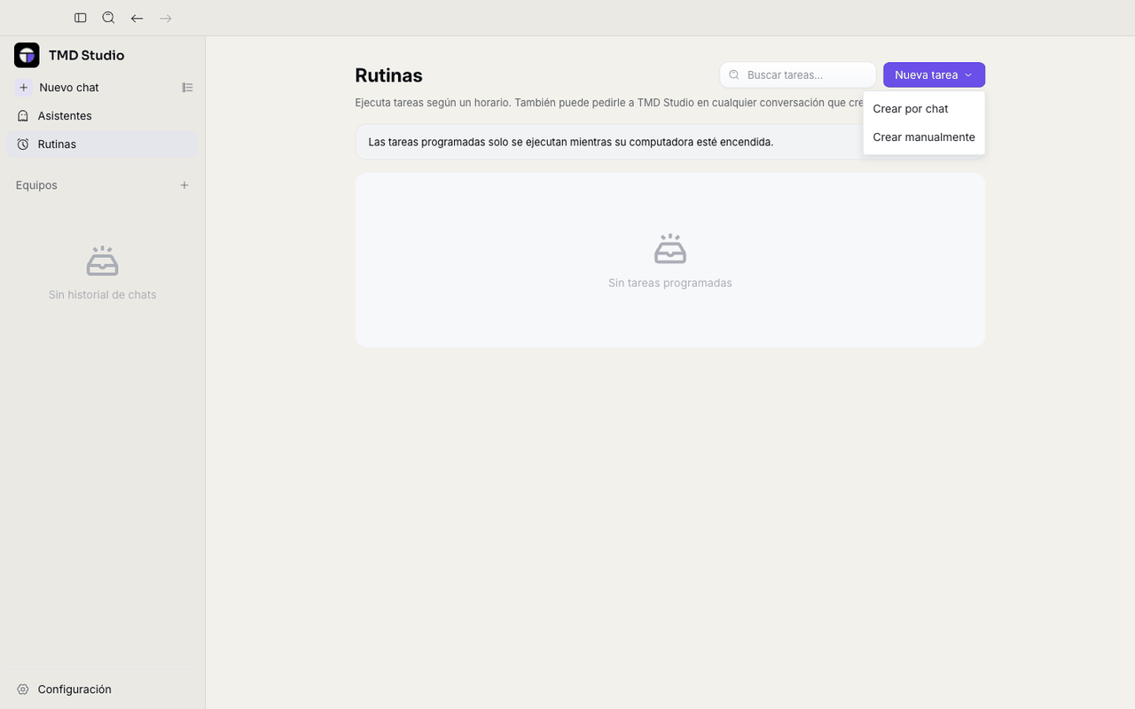 Menú de Nueva tarea con las opciones Crear por chat y Crear manualmente